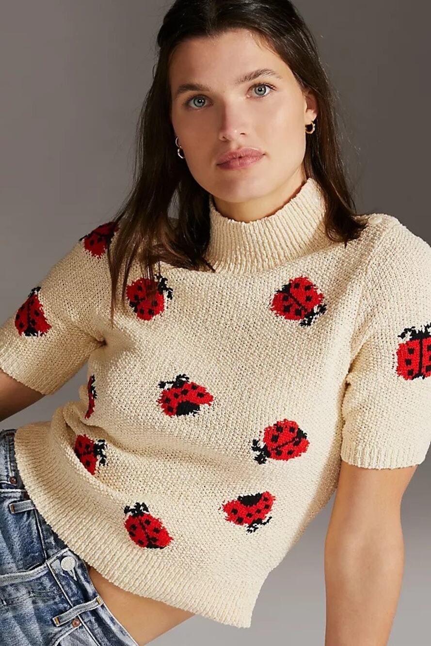 Anthropologie Maeve Ladybug Sweater | Cream Knit Mock Neck | Size Medium